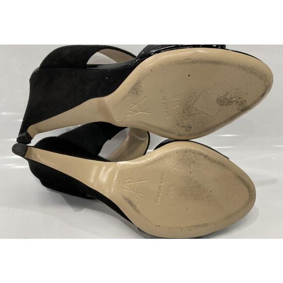 Paul Andrew Black Open Toe Patent Velvet Wedge Sandals - Picture 12 of 14